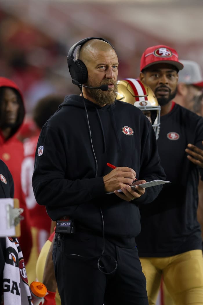 Aug 25, 2023; San Francisco 49ers tight end coach Brian Fleury during a game against the Los Angeles Chargers. Mandatory Credit: Sergio Estrada-USA TODAY